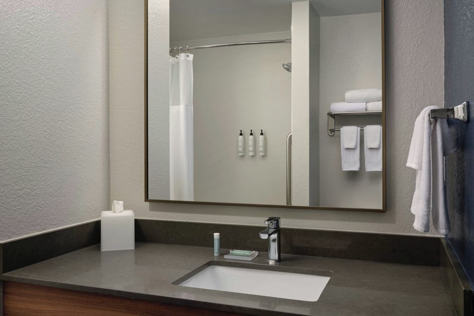 Combined shower/tub, free toiletries, hair dryer, towels