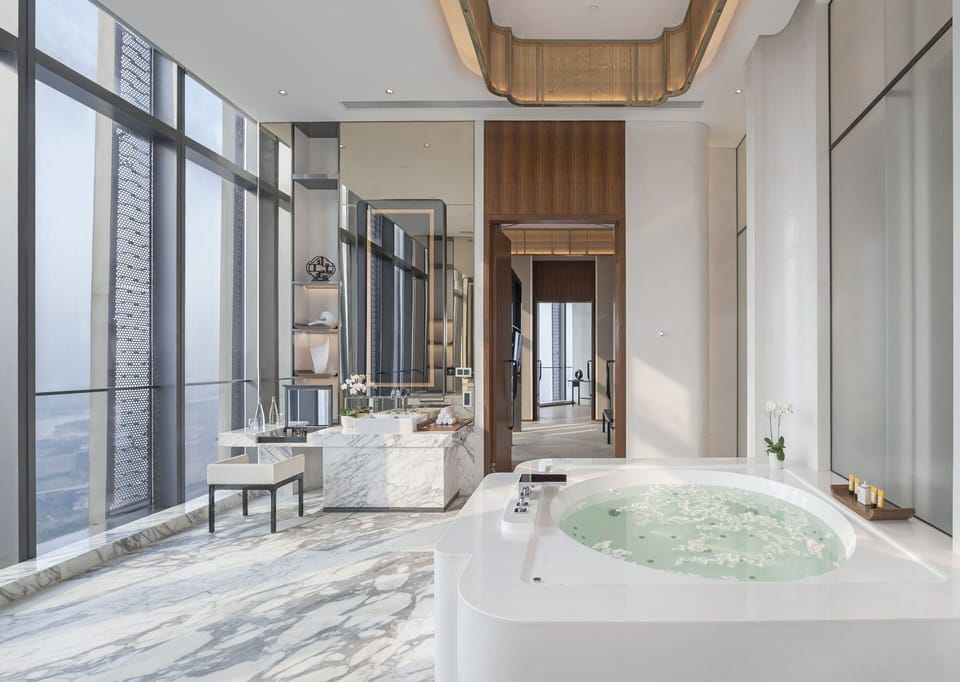 Separate tub and shower, deep soaking tub, rainfall showerhead