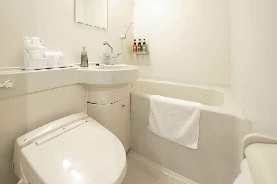 Combined shower/tub, free toiletries, hair dryer, slippers