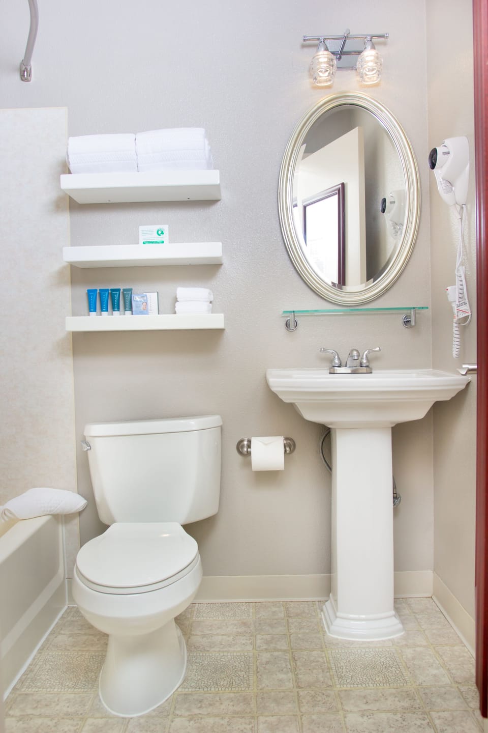 Eco-friendly toiletries, hair dryer, towels