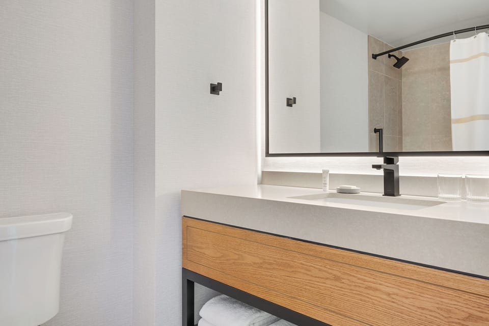 Combined shower/tub, free toiletries, hair dryer, towels