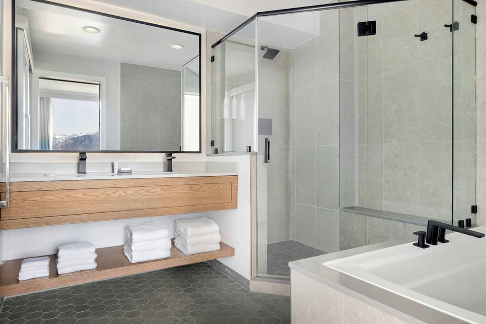 Combined shower/tub, free toiletries, hair dryer, towels