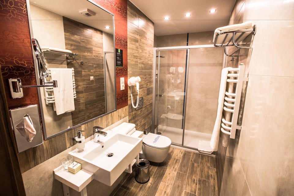 Shower, hair dryer, bathrobes, towels
