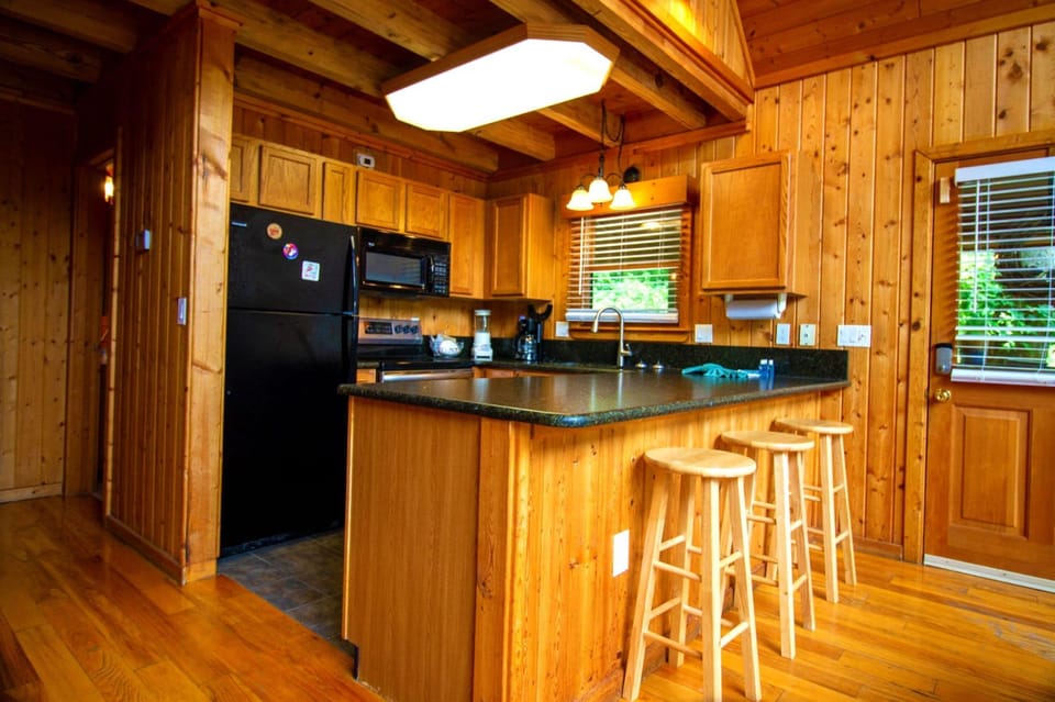 Luxury Cabin, 2 Bedrooms, Patio, River View | Private kitchen | Fridge, microwave, oven, stovetop