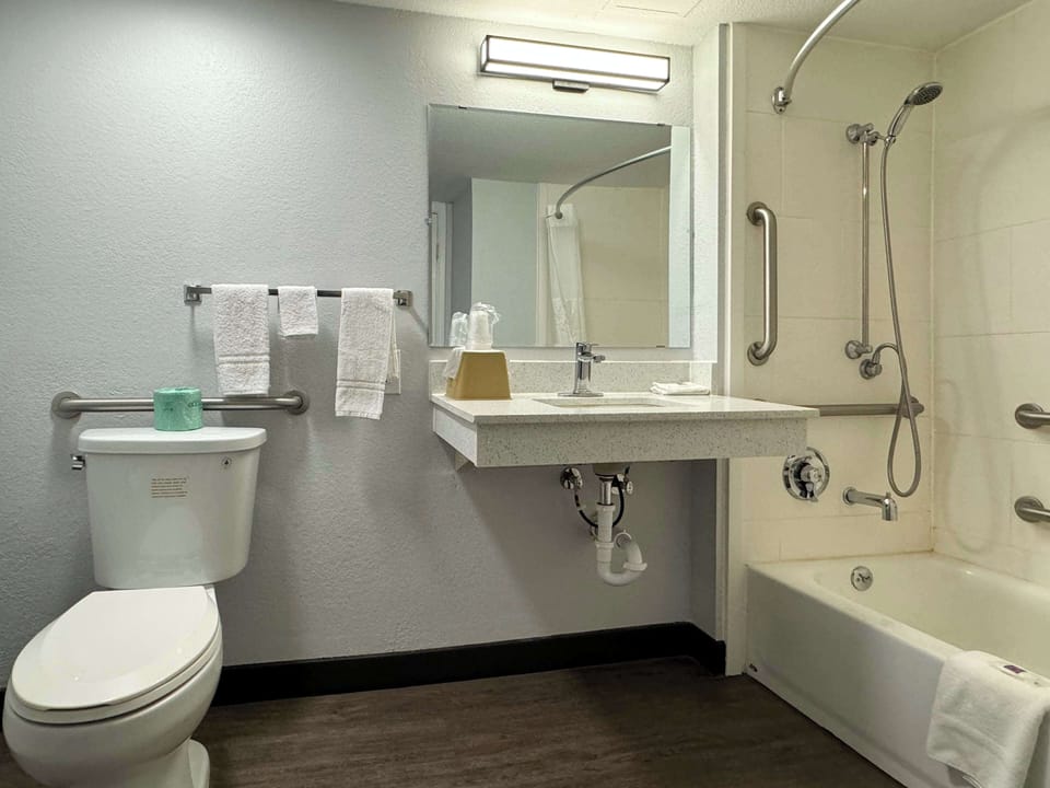 Combined shower/tub, free toiletries, hair dryer, towels