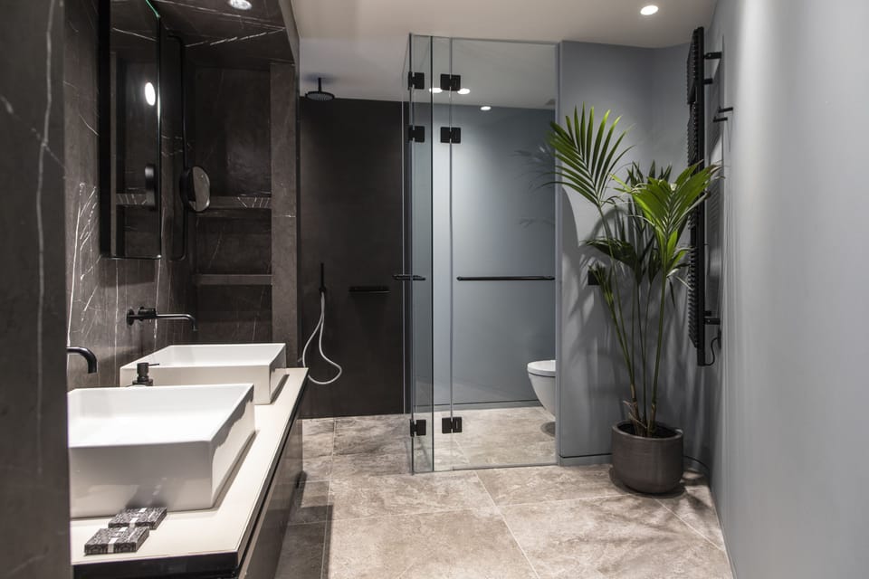 Shower, rainfall showerhead, eco-friendly toiletries, hair dryer