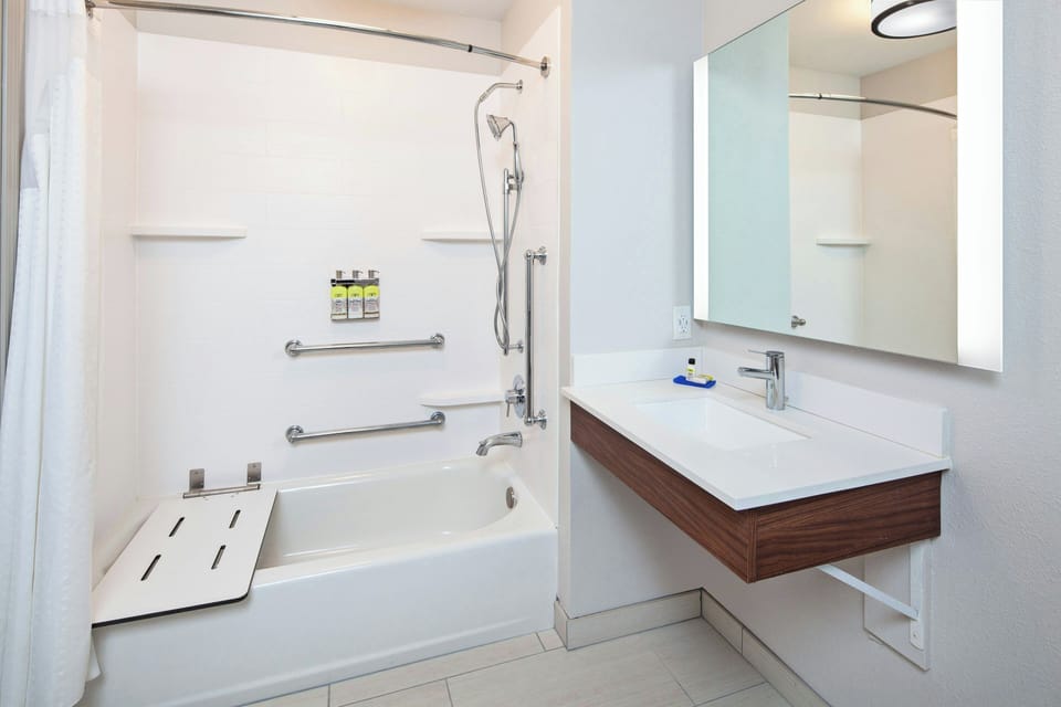 Hair dryer, towels, soap, shampoo