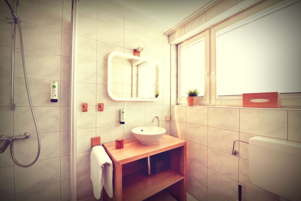 Shower, free toiletries, hair dryer, towels