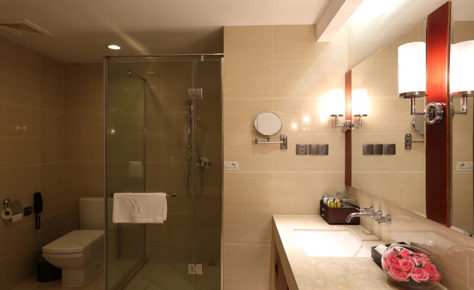 Shower, free toiletries, hair dryer, slippers