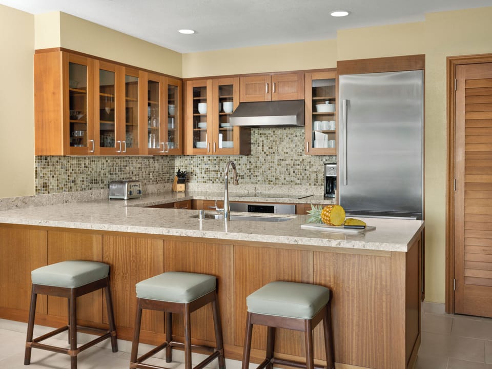 Fridge, stovetop, dishwasher, coffee/tea maker