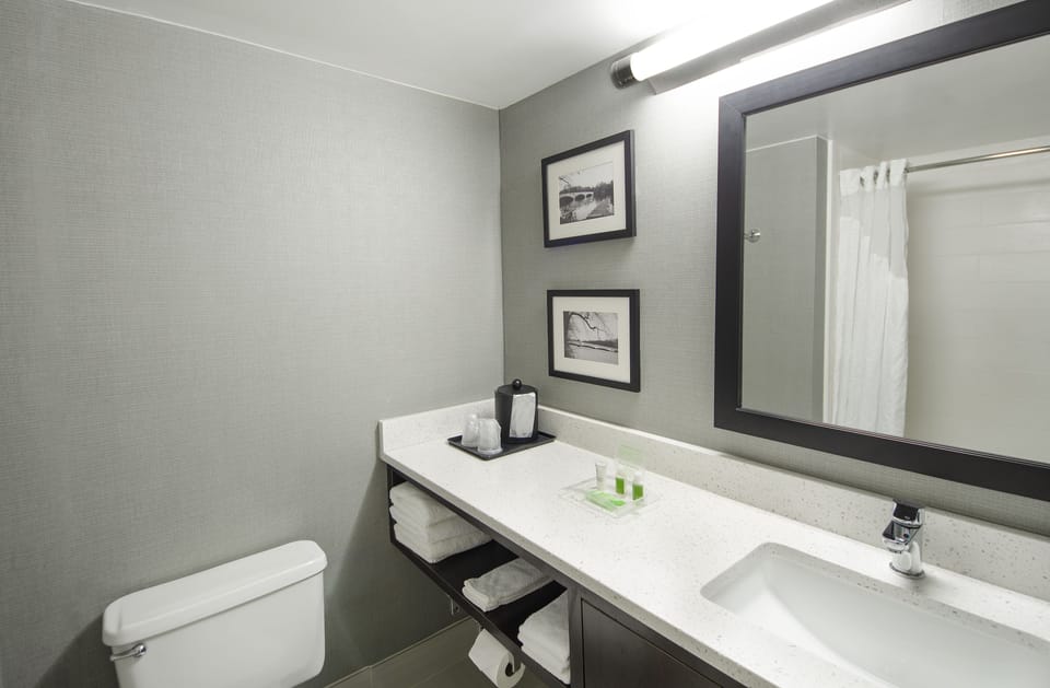 Combined shower/tub, free toiletries, hair dryer, towels