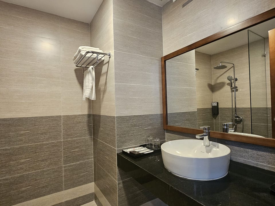 Separate tub and shower, hydromassage showerhead, free toiletries