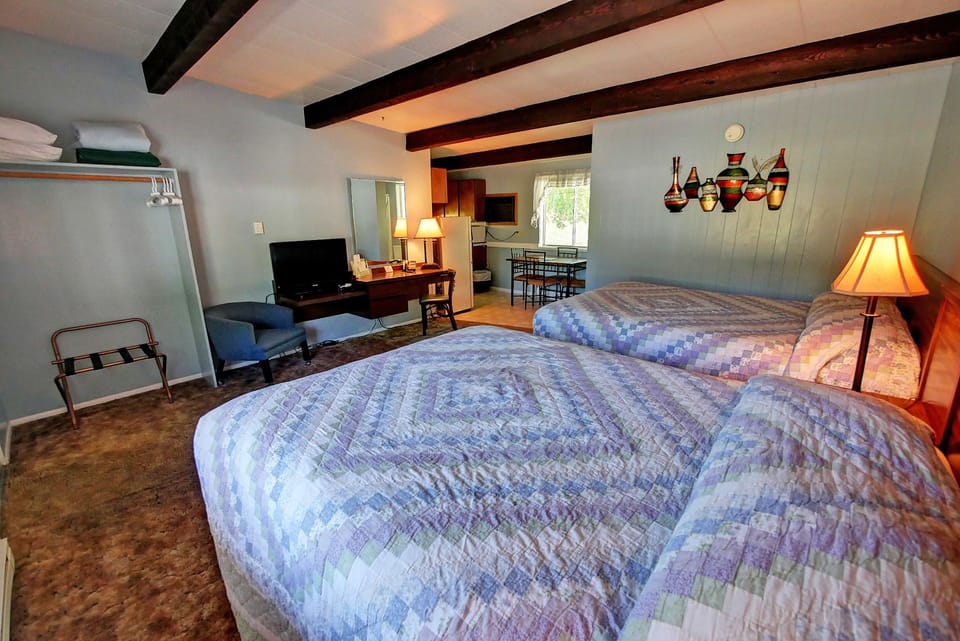 Desk, laptop workspace, WiFi, bed sheets