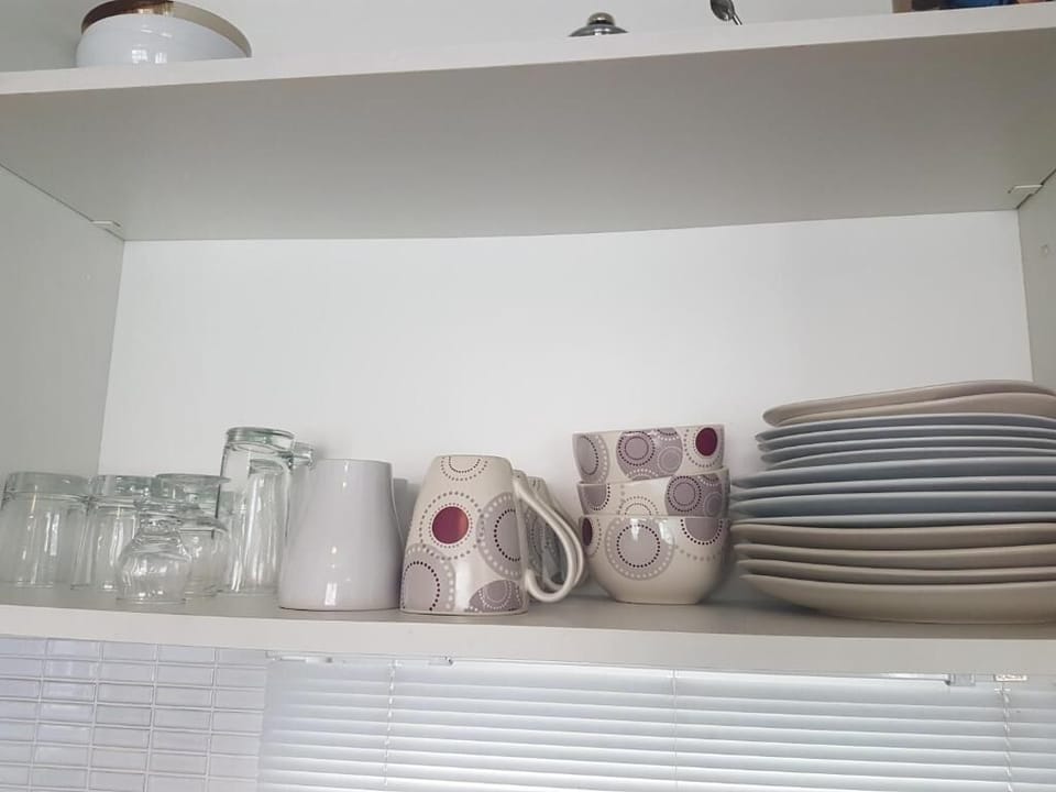 Full-size fridge, microwave, stovetop, electric kettle