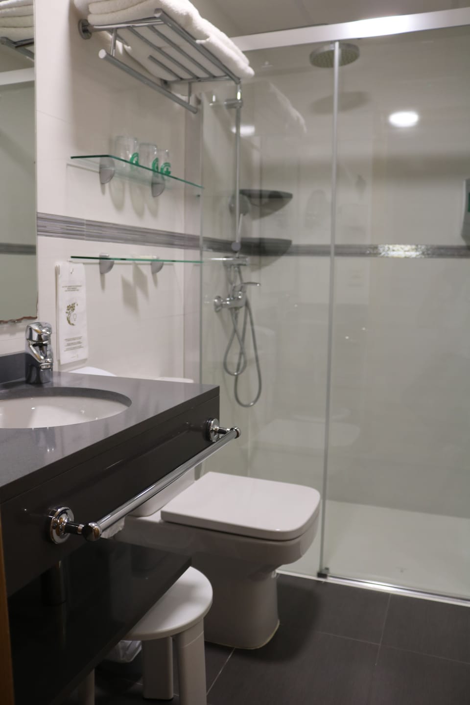 Shower, free toiletries, hair dryer, towels