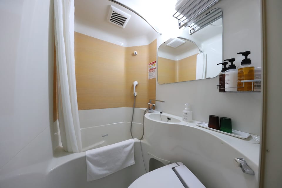 Combined shower/tub, deep soaking tub, free toiletries, hair dryer