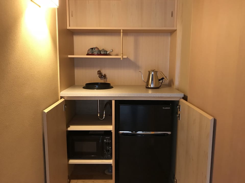 Fridge, microwave, electric kettle