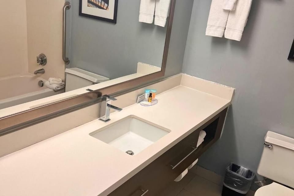 Combined shower/tub, free toiletries, hair dryer, towels