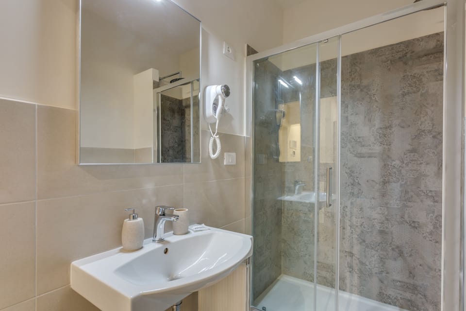 Shower, hair dryer, bidet, towels