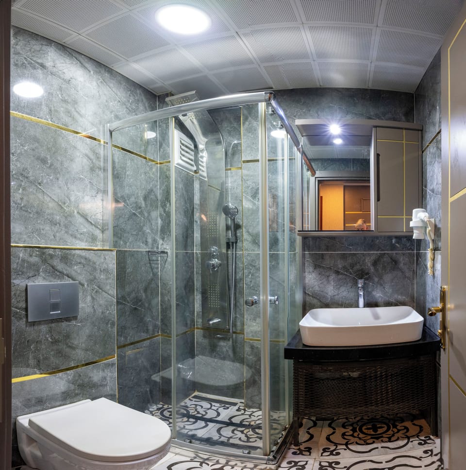 Shower, hydromassage showerhead, free toiletries, hair dryer