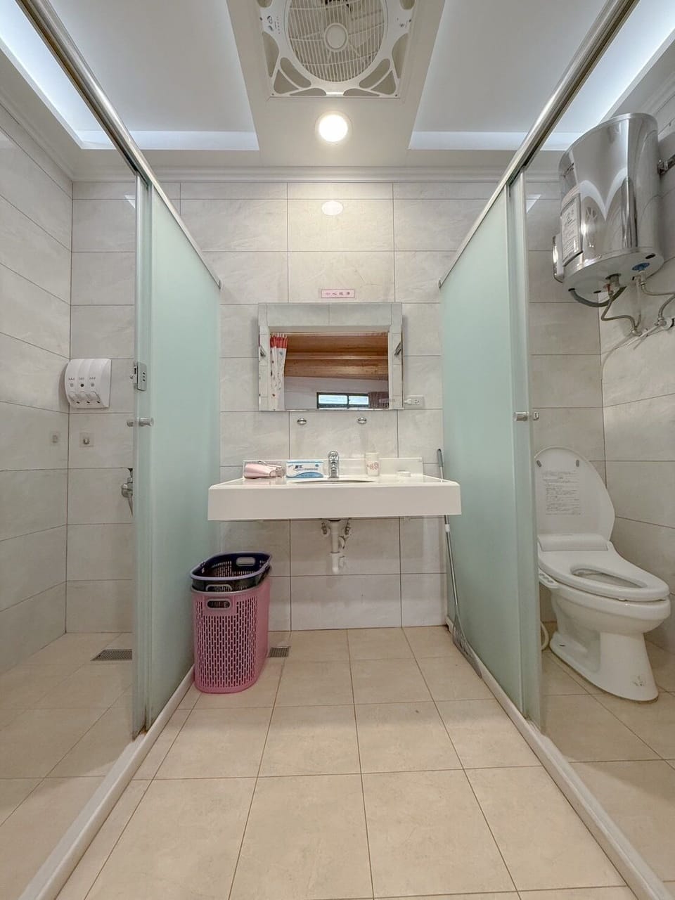 Shower, rainfall showerhead, hair dryer, slippers