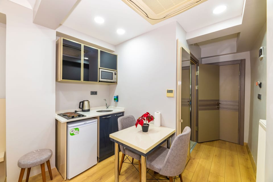 Fridge, microwave, stovetop, electric kettle