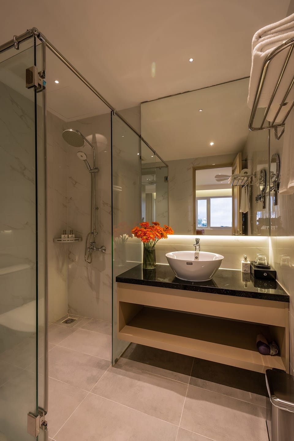 Shower, free toiletries, hair dryer, bathrobes