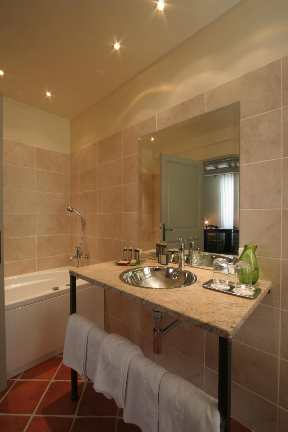 Shower, designer toiletries, hair dryer, bathrobes