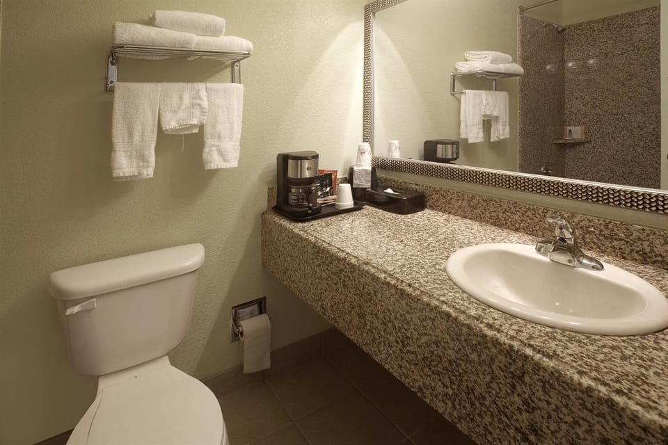 Combined shower/tub, free toiletries, hair dryer, towels