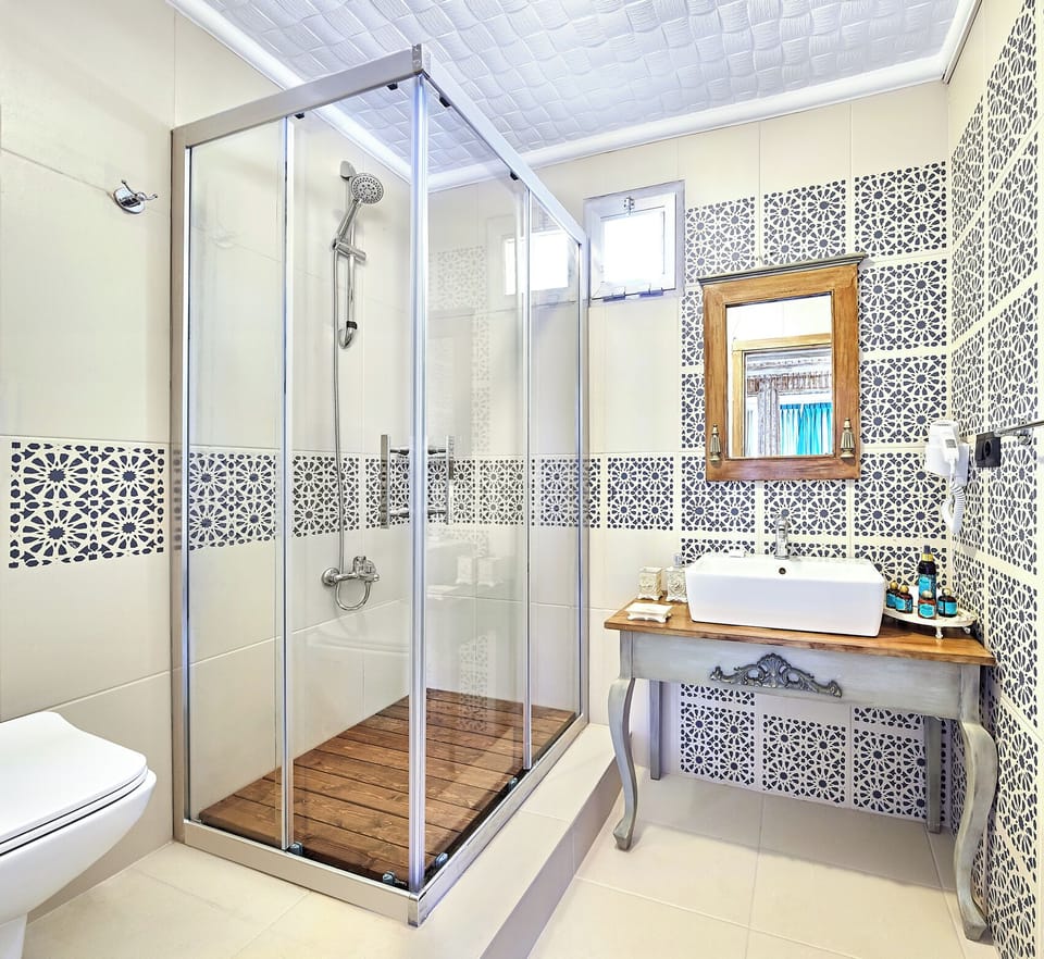 Shower, free toiletries, hair dryer, slippers