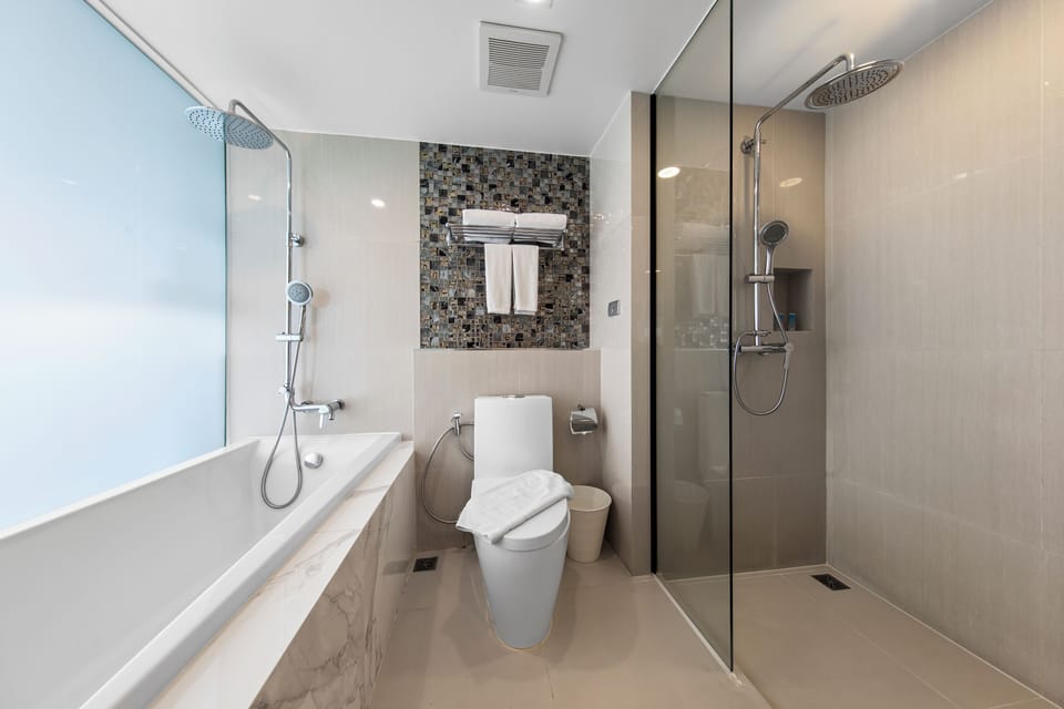 Shower, rainfall showerhead, eco-friendly toiletries, hair dryer