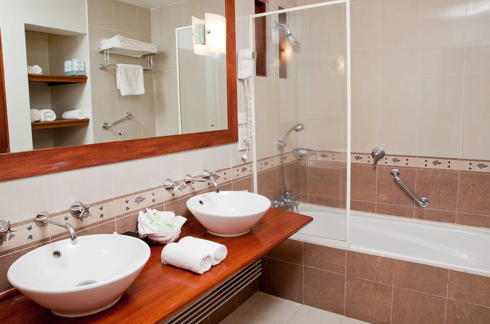 Separate tub and shower, free toiletries, hair dryer, bathrobes