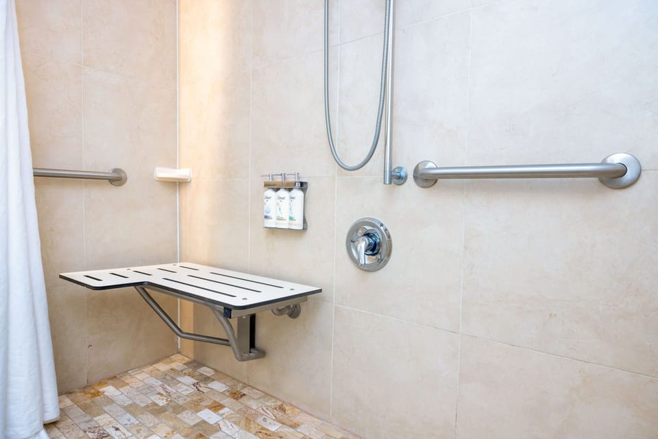 Room, 1 King Bed, Accessible (Communications, Roll-In Shower) | Bathroom | Free toiletries, hair dryer, towels, soap