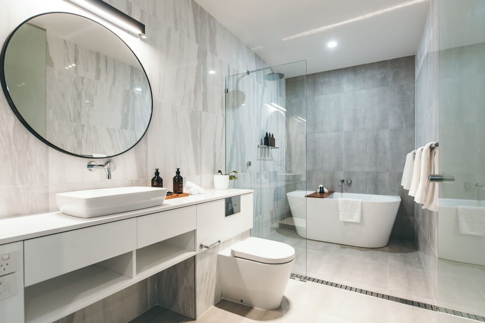 Two Bedroom Pearce Studio | Bathroom | Designer toiletries, hair dryer, bathrobes, slippers