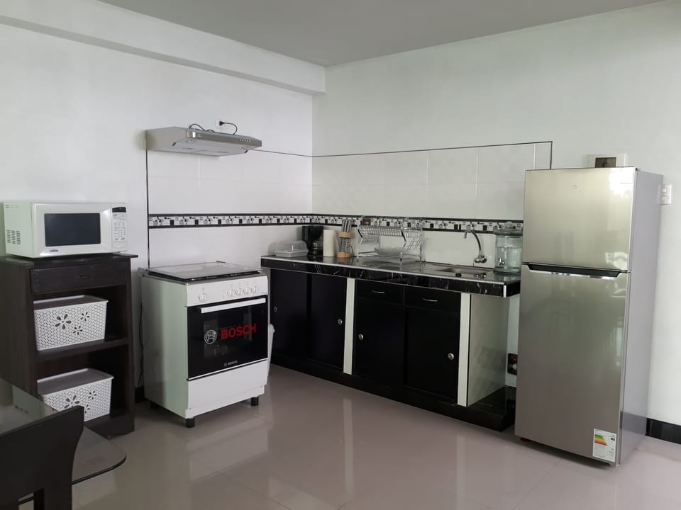 Full-size fridge, microwave, oven, stovetop