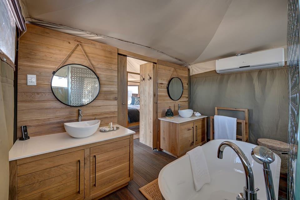 Separate tub and shower, free toiletries, hair dryer, bathrobes