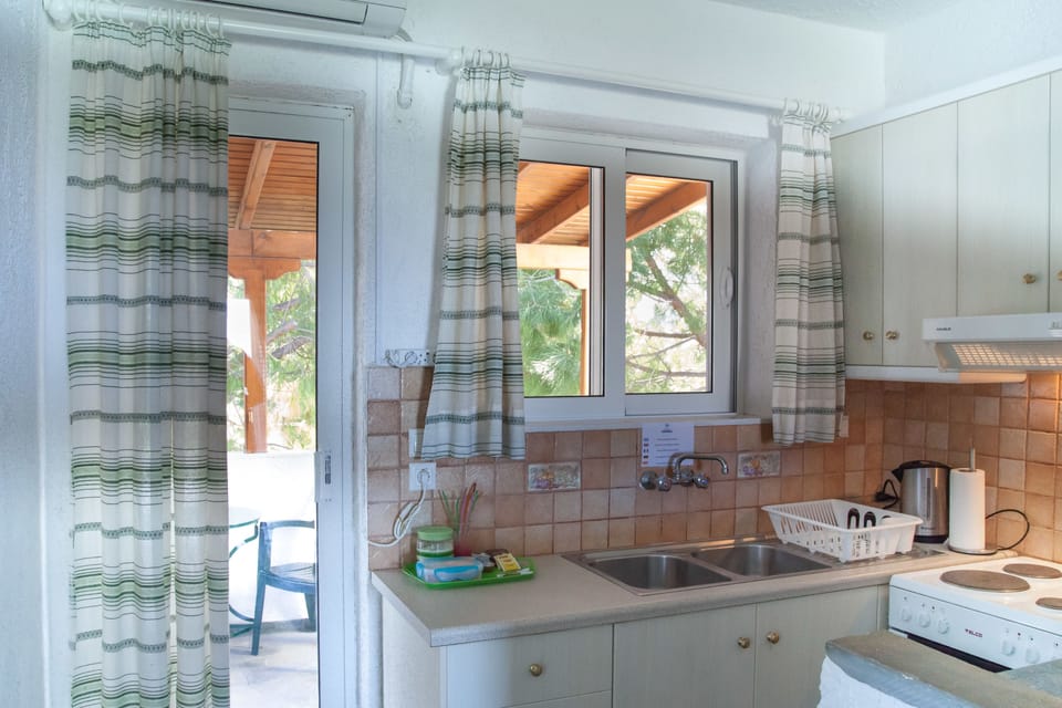 Condo (Vasiliki) | Private kitchen | Oven, stovetop, electric kettle, cookware/dishes/utensils