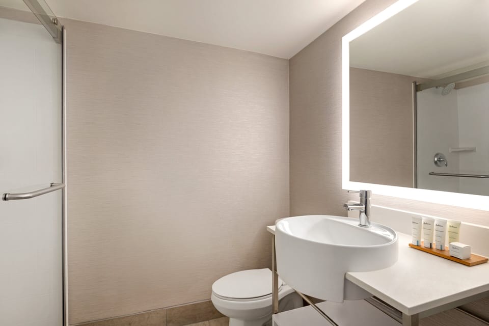 Shower, rainfall showerhead, free toiletries, hair dryer