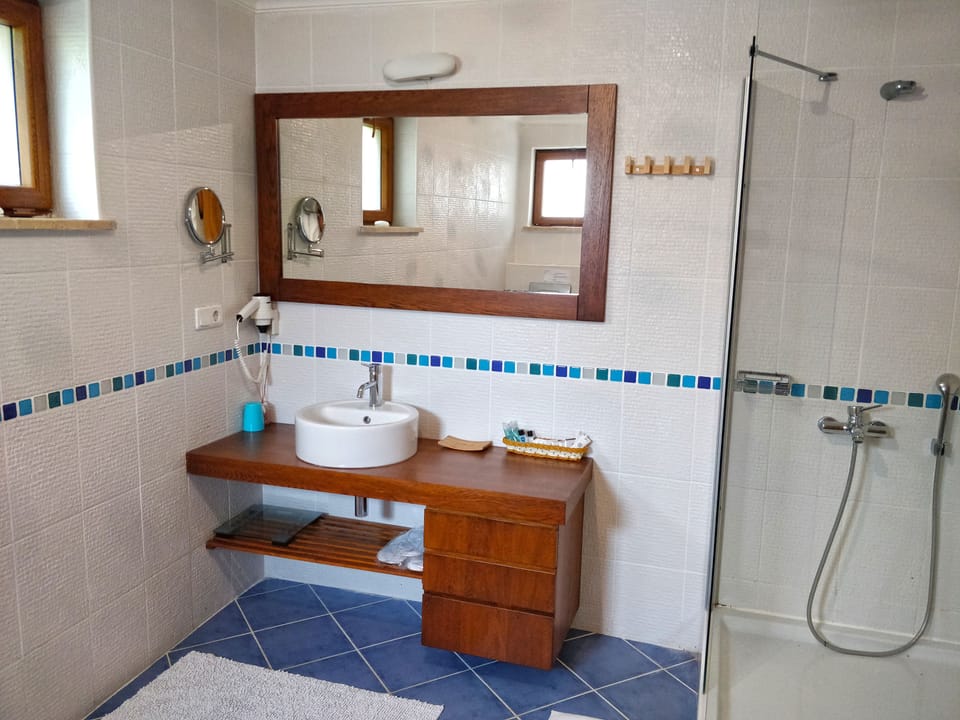 Shower, free toiletries, hair dryer, slippers