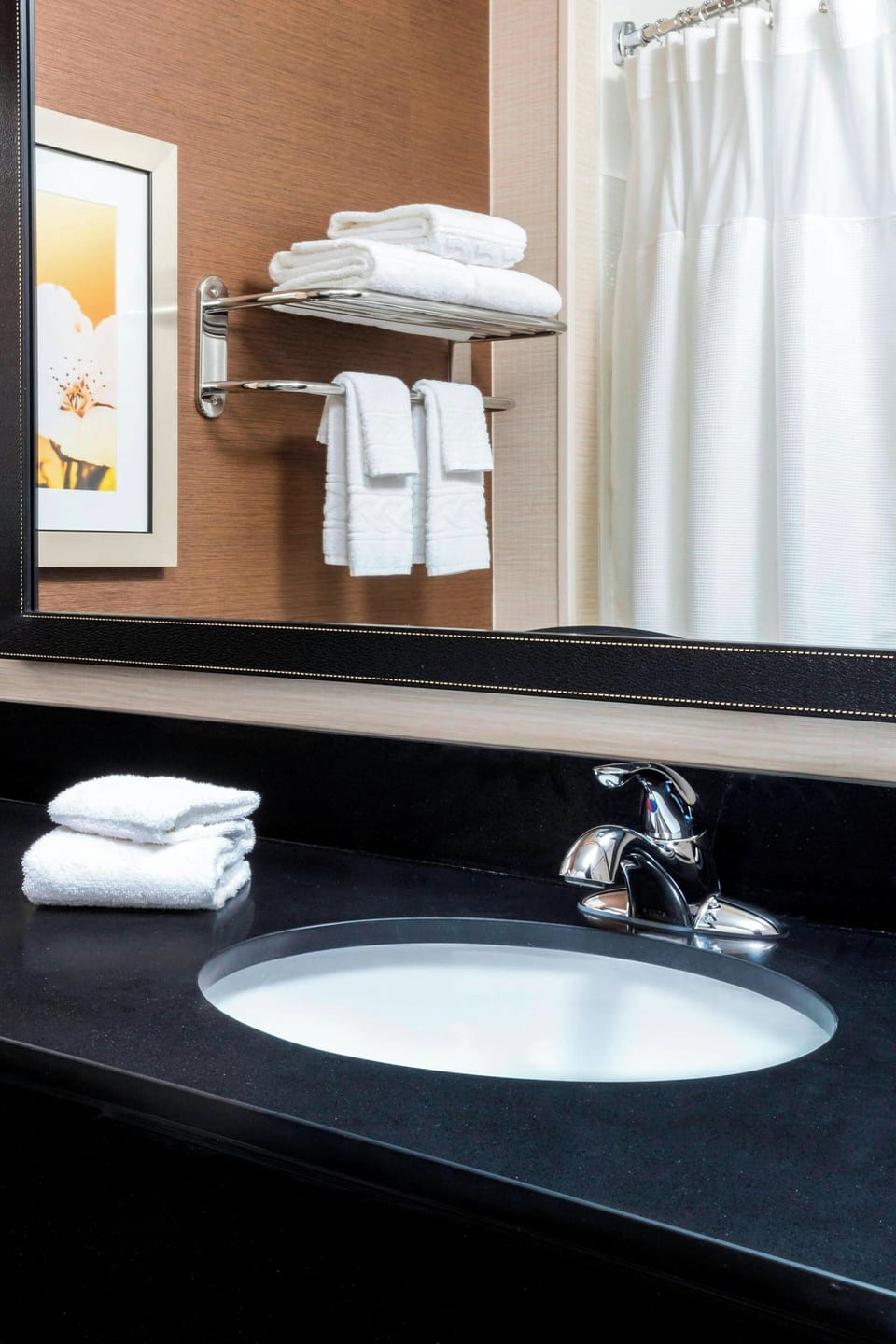 Combined shower/tub, free toiletries, hair dryer, towels