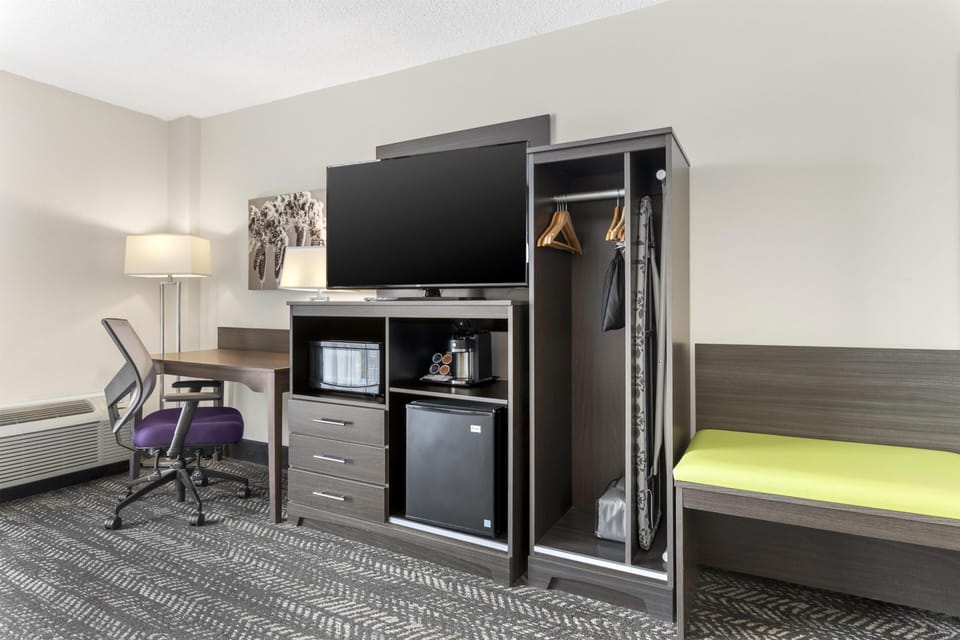 Standard Room, 1 King Bed, Non Smoking, Refrigerator & Microwave (Walk-in Shower) | Desk, laptop workspace, blackout drapes, iron/ironing board