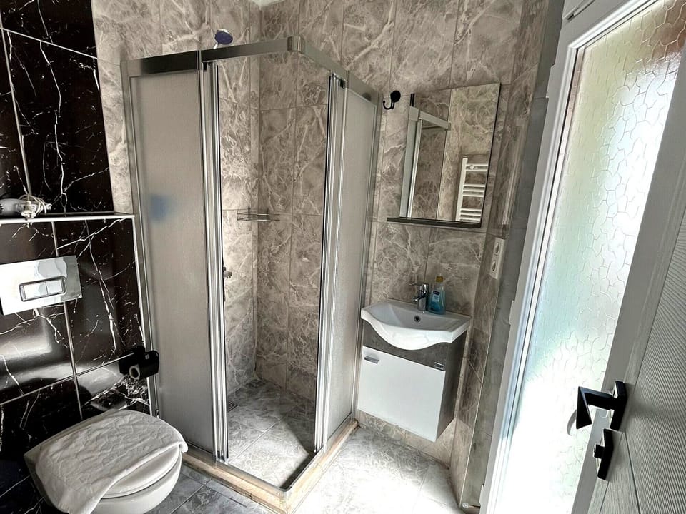 Shower, rainfall showerhead, hair dryer, slippers