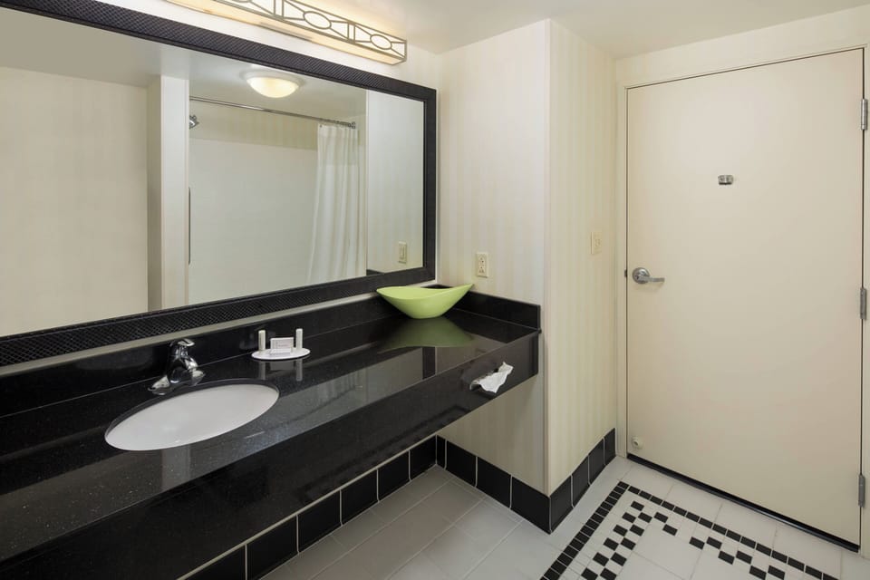 Combined shower/tub, free toiletries, hair dryer, towels