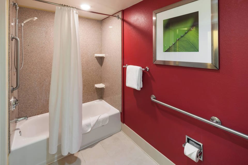 Combined shower/tub, free toiletries, hair dryer, towels