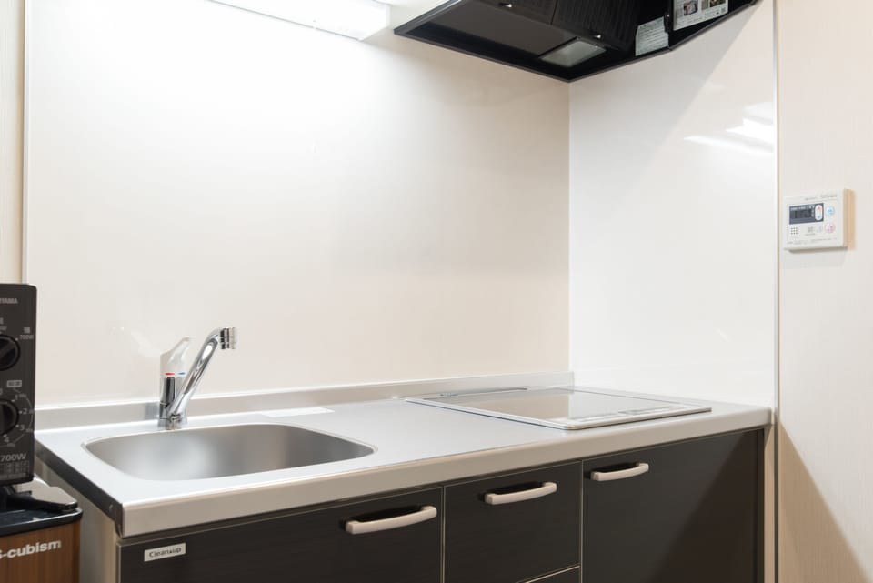 Fridge, microwave, stovetop, electric kettle