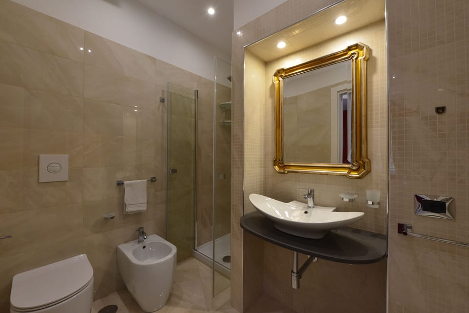 Shower, hydromassage showerhead, free toiletries, hair dryer