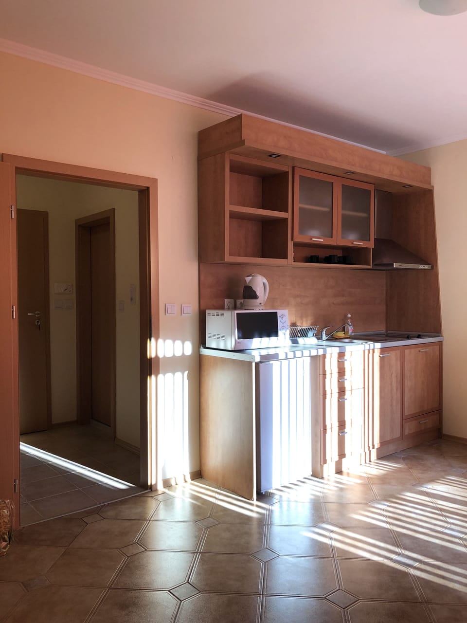 Family Studio, Pool View | Private kitchen | Fridge, stovetop, electric kettle, cookware/dishes/utensils