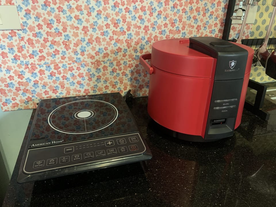 Full-size fridge, dining tables