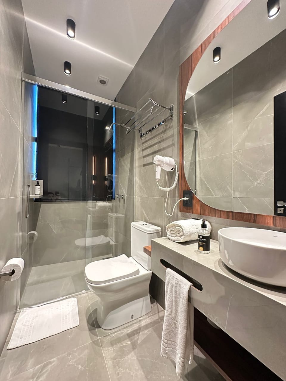 Shower, free toiletries, hair dryer, towels