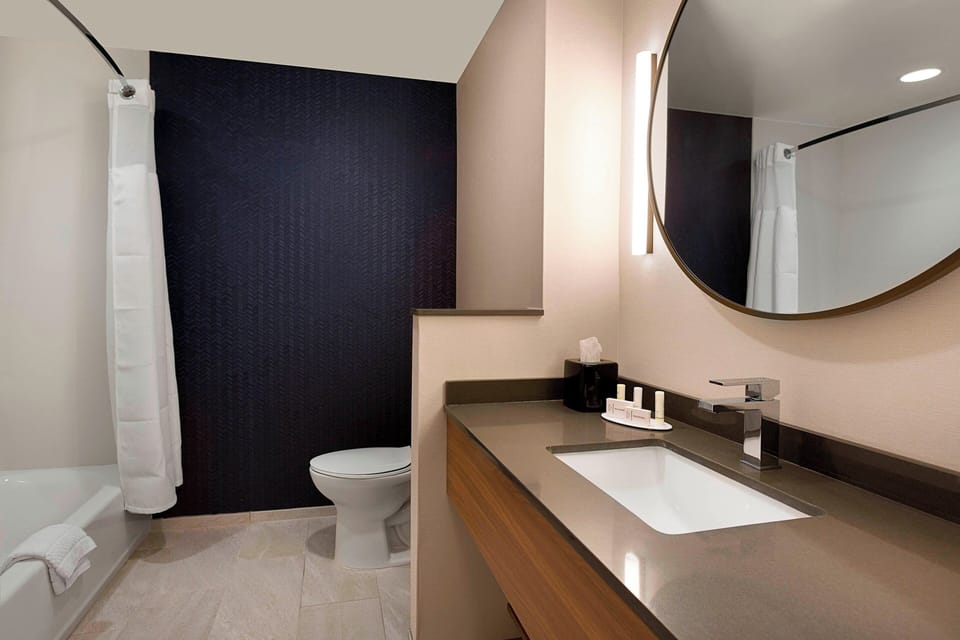Combined shower/tub, free toiletries, hair dryer, towels
